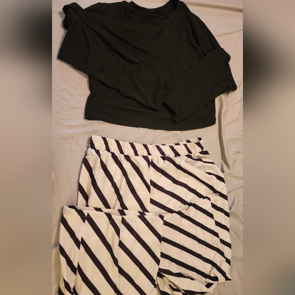 Black Long Sleeve Cropped Top and Striped Pants Set